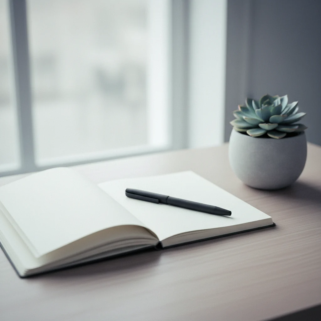 Notitieboek en pen op een bureau naast een raam met groen uitzicht