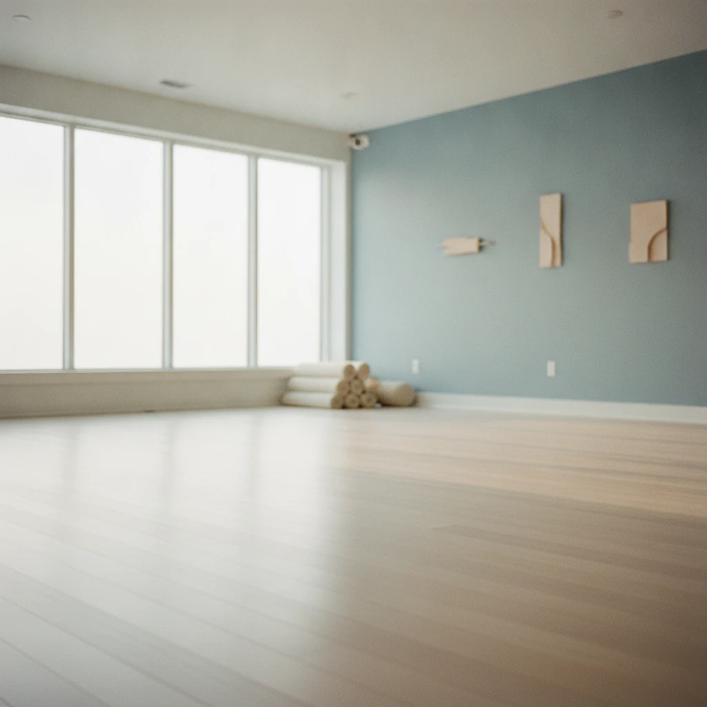 Lichte fitnessruimte met yogamat en halters op een houten vloer in zachte ochtendlicht