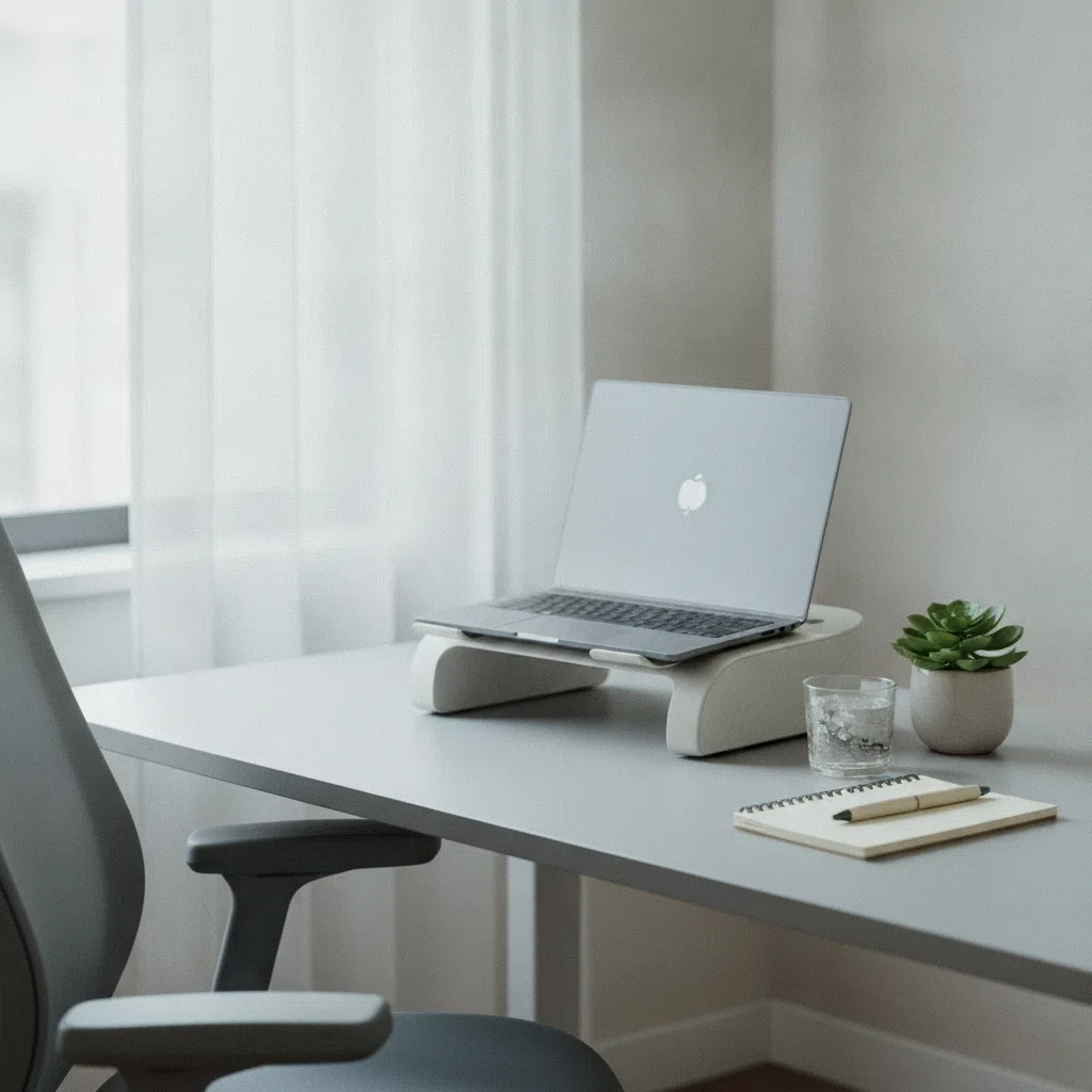 Opgeruimd bureau met laptop, plant en een glas water bij een raam met stadsuitzicht