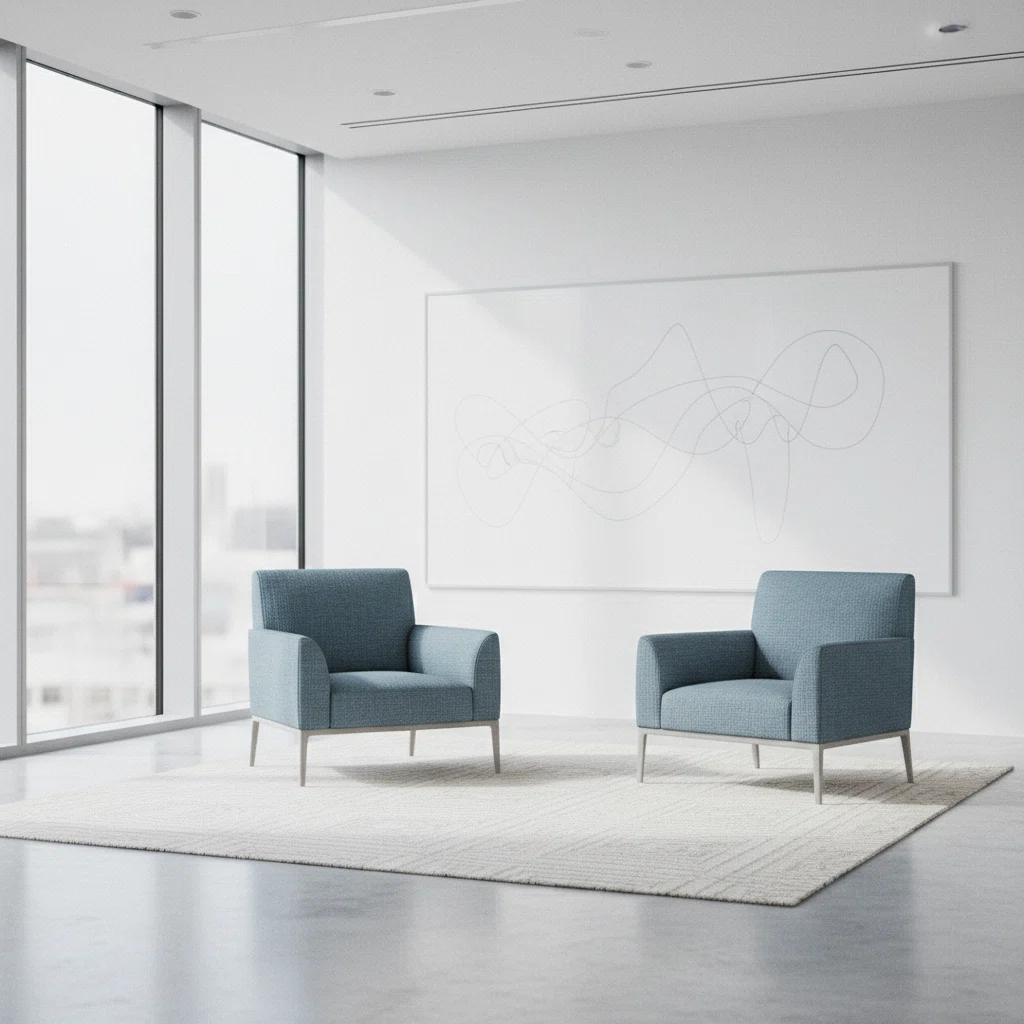 Lichte kantoorruimte met twee stoelen, een whiteboard en grote ramen met daglicht