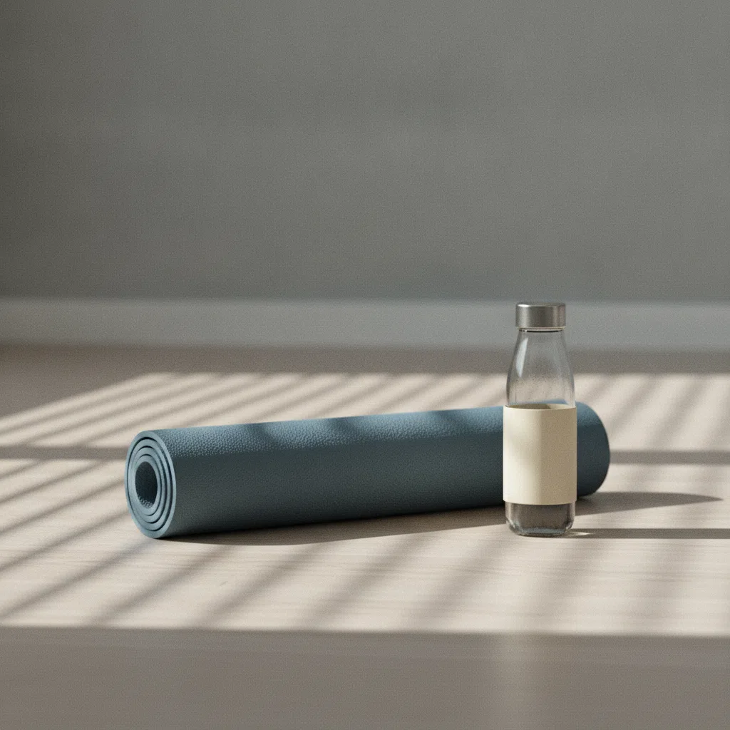 Lichte en minimalistische fitnessruimte met een opgerolde yogamat en fles water op de vloer